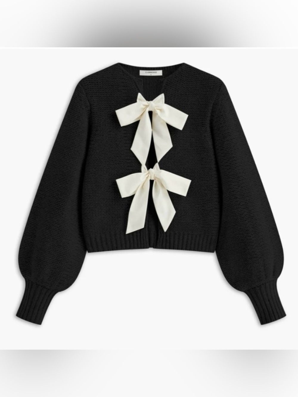 Commense Black Knit Cardigan with Cream Bow Accents